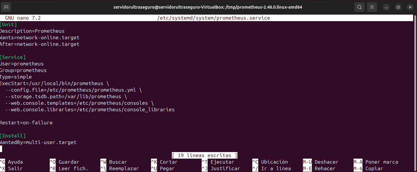 prometheus.service con secciones Unit, Service e Install
